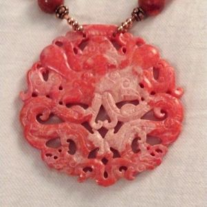 Lg. Coral reversible carved medallion necklace w/ beads & toggle. Boho or Formal